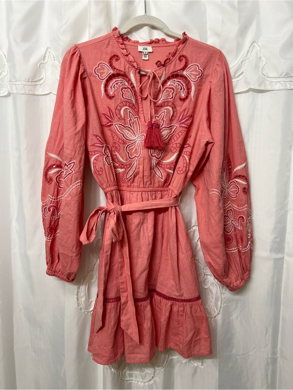 River Island Embroidered Boho Mini Dress Coral Pink Tassel US 6